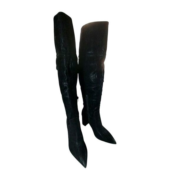 NWOT! SHOEDAZZLE! BLACK W/SUBTLE SNAKESKIN OVER KNEE VEGAN SUEDE BOOTS! SZ 9.5 - Picture 2 of 11